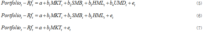 fortfolio(t) - rf(t) = a + b1mkt(t) + b2smb(t) + b3hml(t) + b4umd(t) + e(t)