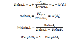 교환옵션의 콜옵션 가치를 활용하여 각 자산의 Delta와 비중 산출식