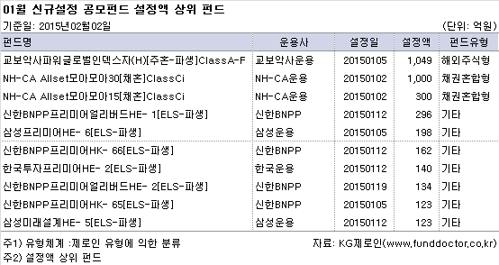 01월 신규설정 공모펀드 설정액 상위 펀드