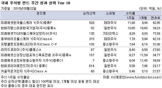 국내 주식형 펀드 주간 성과 상위 Top 10
