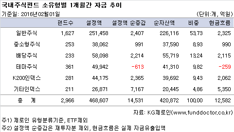 국내주식펀드 소유형별 1개월간 자금 추이