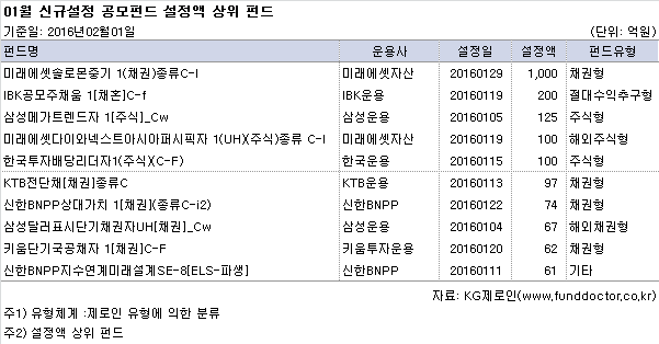 01월 신규설정 공모펀드 설정액 상위 펀드