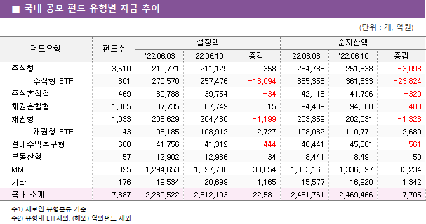 ■ 국내 공모 펀드 유형별 자금 추이							펀드유형	펀드수	설정액			순자산액		 		'22.06.03	'22.06.10	증감	'22.06.03	'22.06.10	증감 주식형	3,510 	210,771 	211,129 	358 	254,735 	251,638 	-3,098      주식형 ETF	301 	270,570 	257,476 	-13,094 	385,358 	361,533 	-23,824  주식혼합형	469 	39,788 	39,754 	-34 	42,116 	41,796 	-320  채권혼합형	1,305 	87,735 	87,749 	15 	94,489 	94,008 	-480  채권형	1,033 	205,629 	204,430 	-1,199 	203,359 	202,031 	-1,328      채권형 ETF	43 	106,185 	108,912 	2,727 	108,082 	110,771 	2,689  절대수익추구형	668 	41,756 	41,312 	-444 	46,441 	45,881 	-561  부동산형	57 	12,902 	12,936 	34 	8,441 	8,491 	50  MMF	325 	1,294,653 	1,327,706 	33,054 	1,303,163 	1,336,397 	33,234  기타	176 	19,534 	20,699 	1,165 	15,577 	16,920 	1,342  국내 소계	7,887 	2,289,522 	2,312,103 	22,581 	2,461,761 	2,469,466 	7,705 