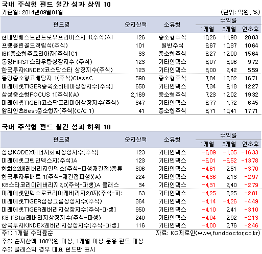 국내 주식형 펀드 월간 성과 순위