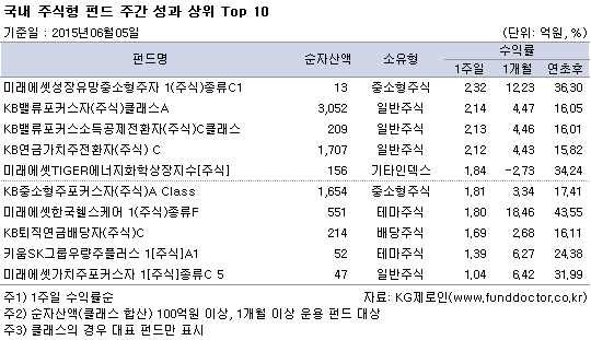 국내 주식형 펀드 주간 성과 상위 Top 10